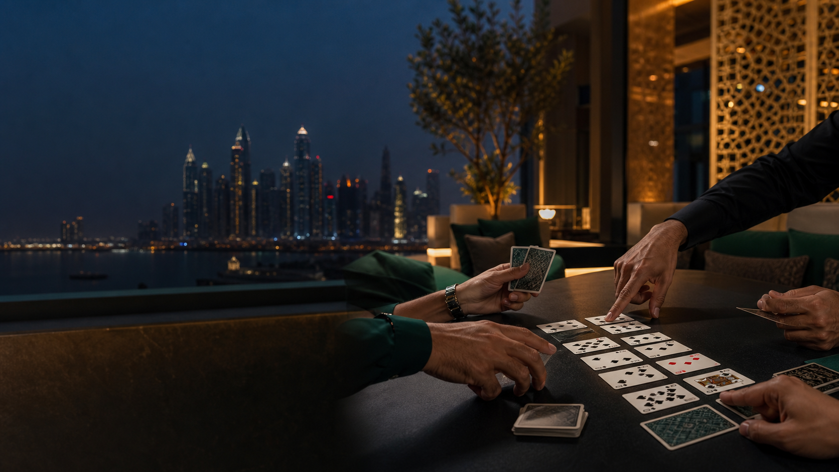 Elegant UAE rooftop lounge table with playing cards arranged for a strategy discussion